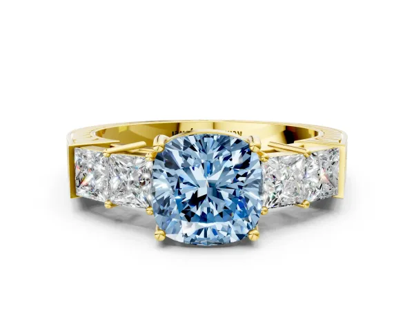 Fancy Blue Cushion Cut Solitaire Princess Side Stone Engraved Band Prong Setting Ring Yellow gold