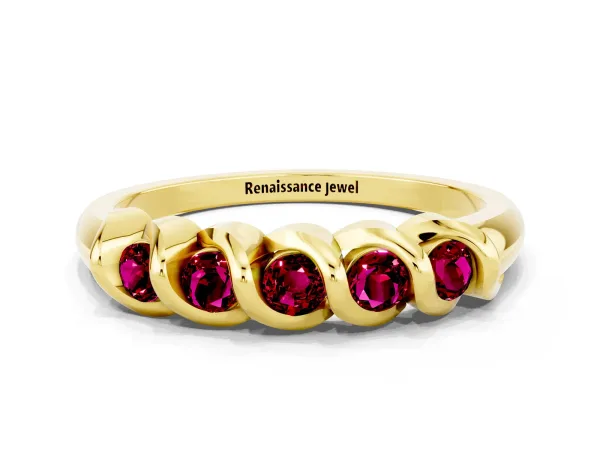Round Garnet Eternity Band with Twist Prong Setting Yellow gold