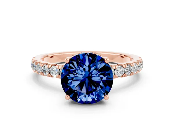 Round Cut Blue Sapphire Pave Band Solitaire Ring with Round and Prong Setting Rose gold