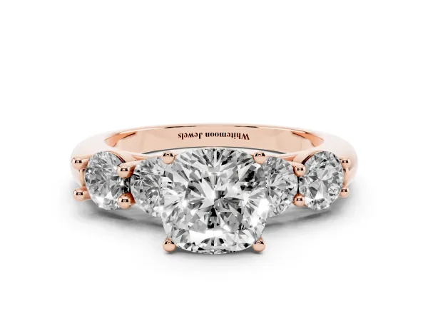 Cushion Cut Cut Five-Stone Prong Set Diamond Ring with Classic Band Rose gold