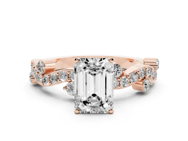Emerald Cut Cut Solitaire Diamond Twisted Band with Pave Setting Rose gold