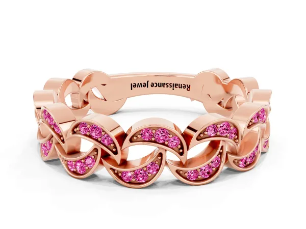 Pavé Round Pink Sapphire Interlocking Eternity Band with Bezel Prong Setting Rose gold