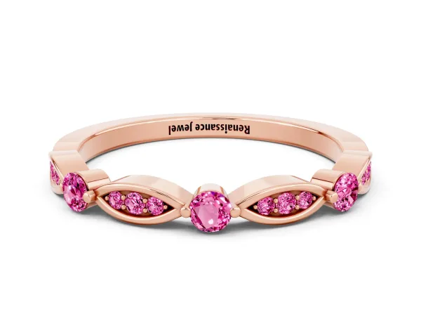 Marquise and Round Pink Sapphire Milgrain Band with Bezel Setting Rose gold