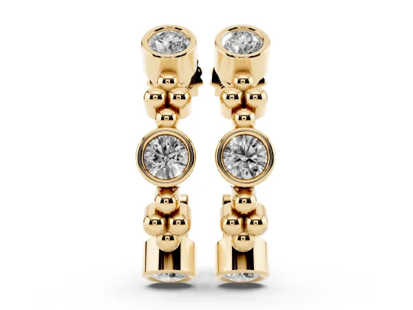 Bezel Set Round Diamond Beaded Hoop Earrings Yellow gold