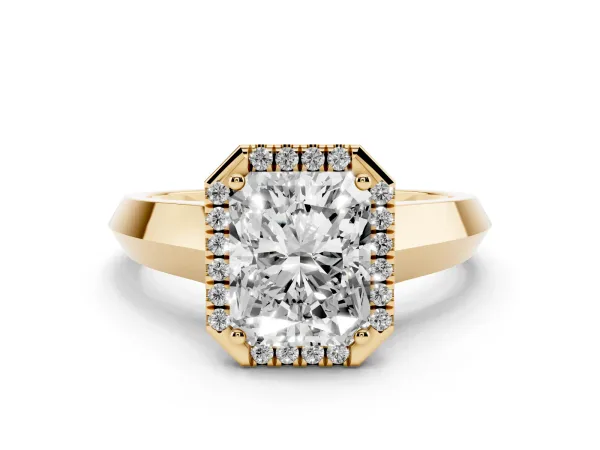 Radiant Cut Halo Diamond Ring with Cathedral Band and Four-Prong Setting Yellow gold