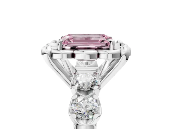 Fancy Pink Emerald Cut Cut Diamond Floral Halo Engagement Ring with Shared Prong Setting Silver