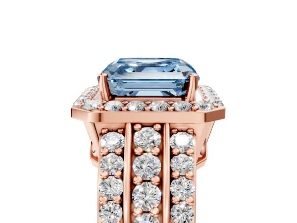 Fancy Blue Asscher Cut Halo Diamond Ring with Round Split Shank and Prong Setting Rose gold