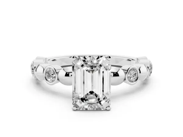Emerald Cut Solitaire Bezel-Set Diamond Ring with Beaded Band and Four-Prong Setting Platinum