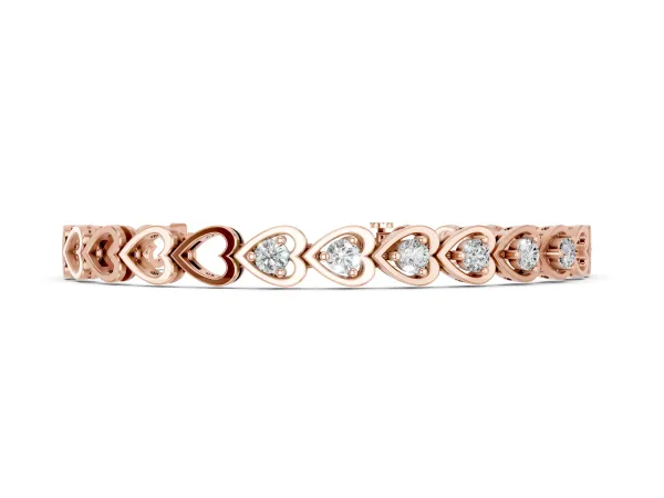 Heart Link Diamond Tennis Bracelet with Round Cut Stones and Bezel Setting Rose gold