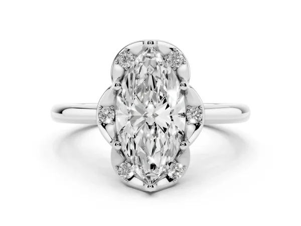 Marquise Cut Halo Diamond Ring with Round Cluster Setting, Solitaire Band, and Four-Prong Setting Platinum