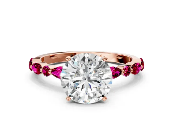 Round Cut Diamond Ring with Marquise and Round Garnet Side Stones and Four-Prong Setting Rose gold