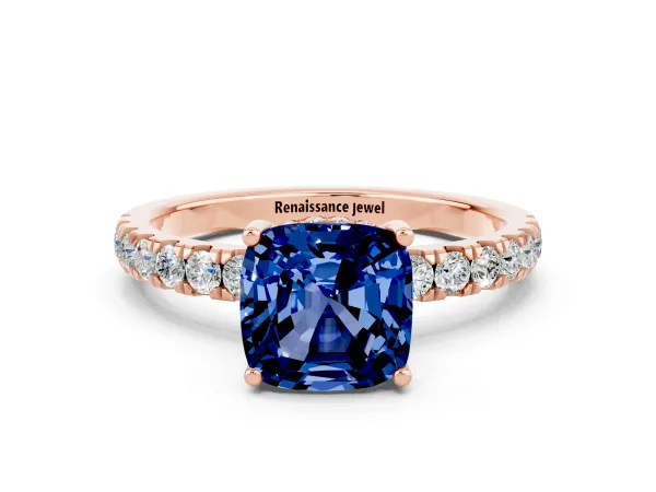 Cushion Cut Blue Sapphire Pave Band Solitaire Ring with Round and Prong Setting Rose gold