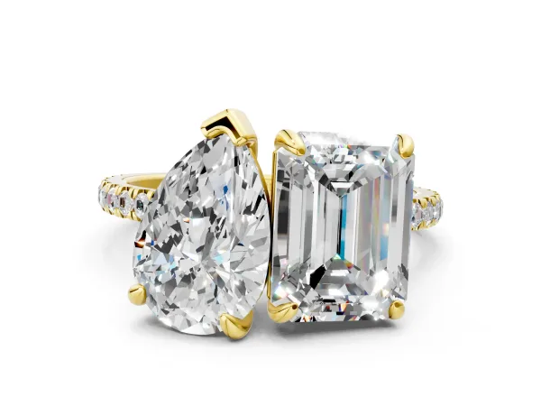 Pear and Radiant Toi Moi Ring with Prong Setting and Pave Band Yellow gold