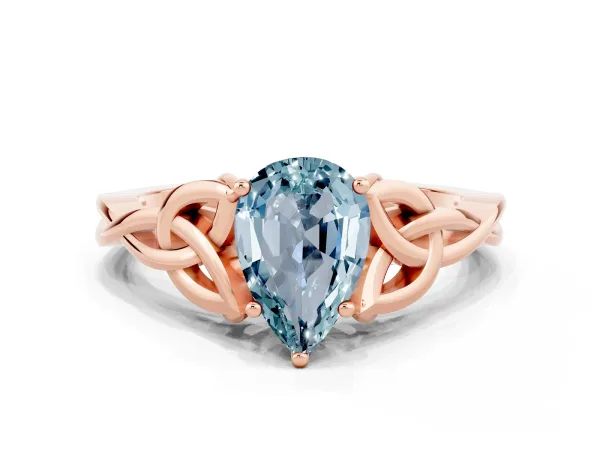 Pear Cut Aquamarine Solitaire Celtic Knot Ring with Four-Prong Setting Rose gold