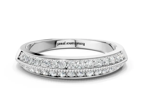 Double Row Pavé Round Diamond White Gold Band with Shared Prong Setting Platinum