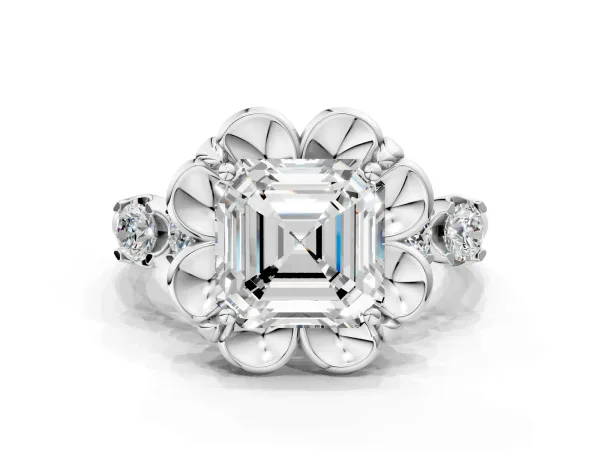 Asscher Cut Cut Diamond Floral Halo Engagement Ring with Shared Prong Setting Platinum