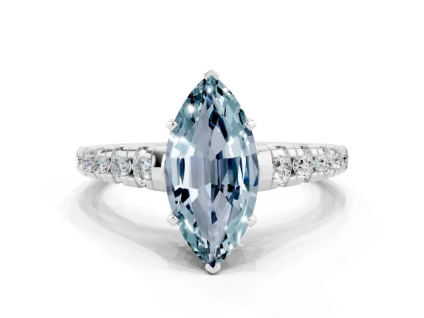Marquise Cut Aquamarine Cathedral Solitaire Ring with Round Pavé Band White gold