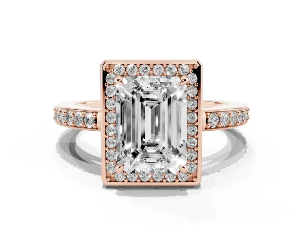 Emerald Cut Halo Pave Band Solitaire Ring with Prong Setting Rose gold