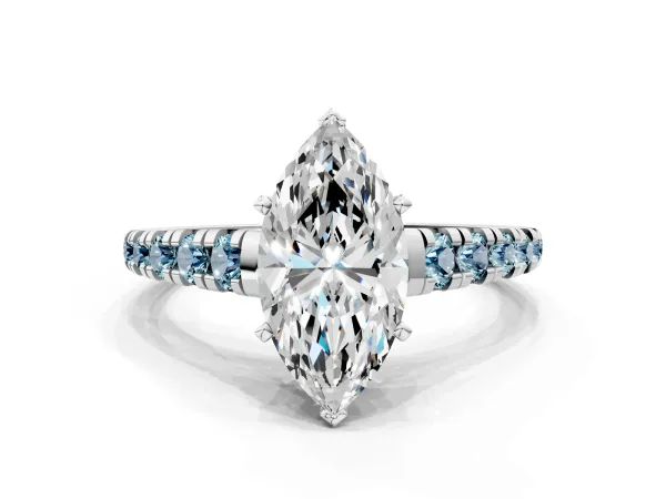 Marquise Cut Diamond Cathedral Solitaire Ring with Round Aquamarine Pavé Band White gold