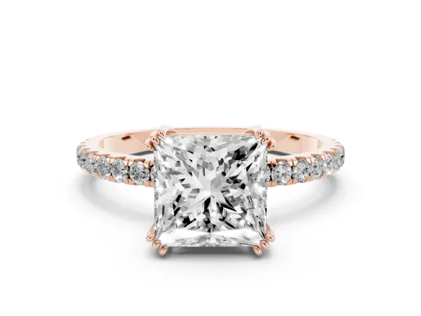 Princess Cut Brilliant Solitaire with Pavé Band and Claw Prong Setting Rose gold
