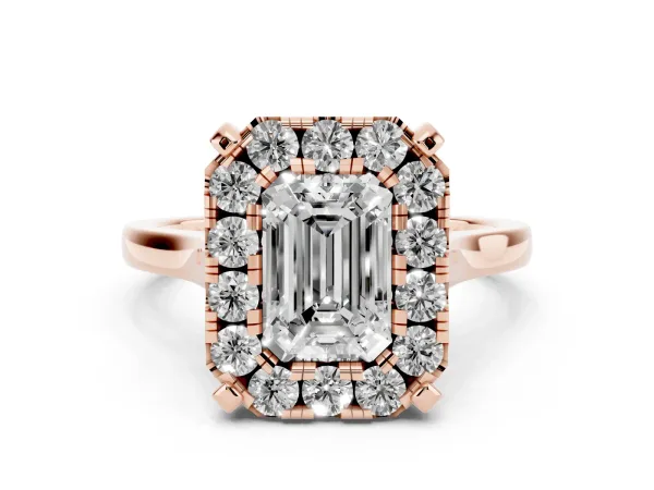 Emerald Cut Diamond Cluster Halo Solitaire with Four-Prong Setting Rose gold