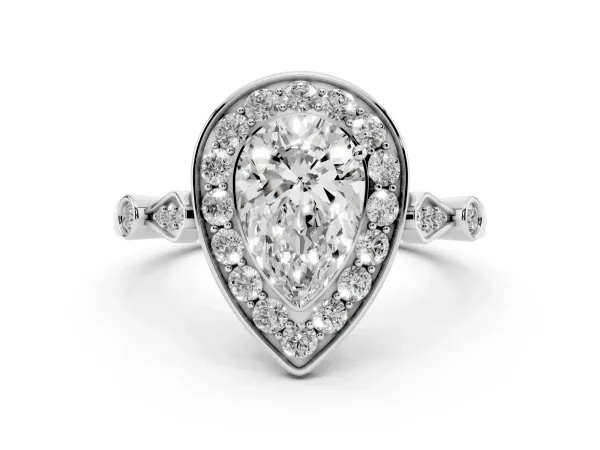 Pear Cut Halo Diamond Engagement Ring with Twisted Band and Four-Prong Setting White gold