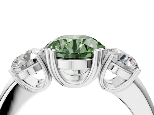 Fancy Green Three-Stone Round Cut Cut Diamond Ring with Channel Set Band and Four-Prong Setting White gold