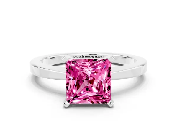 Princess Cut Pink Sapphire Solitaire Engagement Ring with Classic Band and Four-Prong Setting Silver