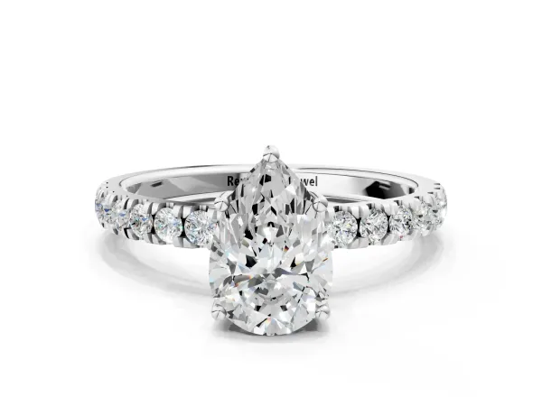 Pear Cut Diamond Pave Band Solitaire Ring with Round Moissanite and Prong Setting White gold