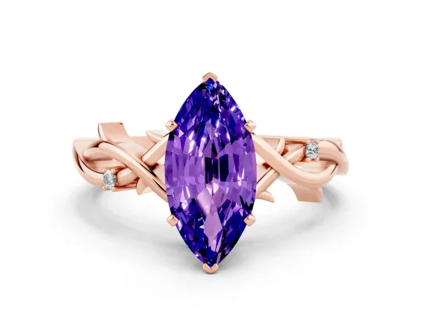 Marquise Cut Tanzanite Solitaire Ring with Milgrain Pavé Band and Four-Prong Setting Rose gold