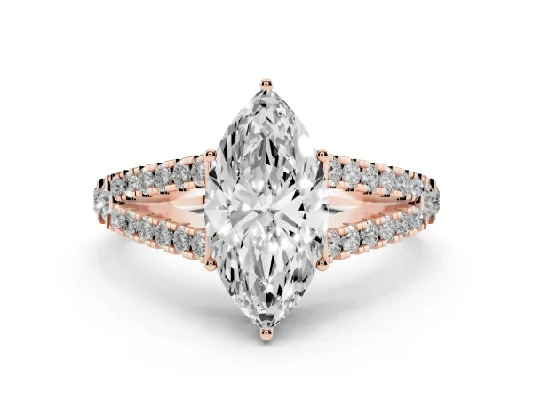Marquise Cut Diamond Split Shank Pavé Engagement Ring with Four-Prong Setting Rose gold
