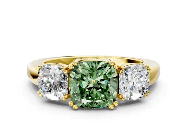 Fancy Green Three-Stone Cushion Cut Cut Diamond Ring with Channel Set Band and Four-Prong Setting Yellow gold