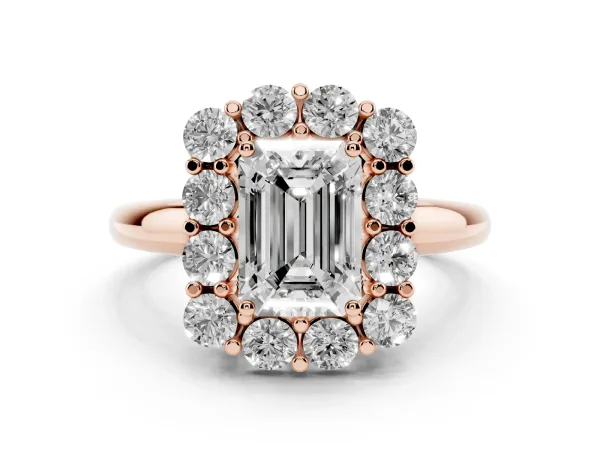 Emerald Cut Halo Cluster Diamond Engagement Ring with Prong Setting and Polished Band Rose gold