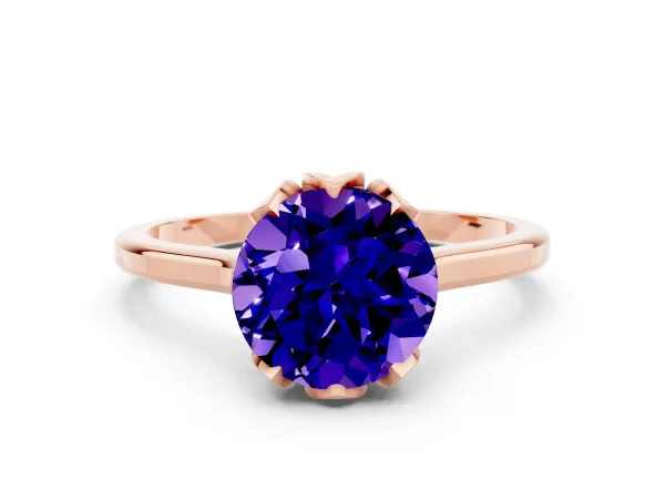 Round Cut Tanzanite Solitaire Ring with Flower Prong Setting and Classic Band Rose gold