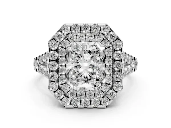 Double Halo Radiant Cut Diamond Pavé Split Shank Ring with Prong Setting White gold