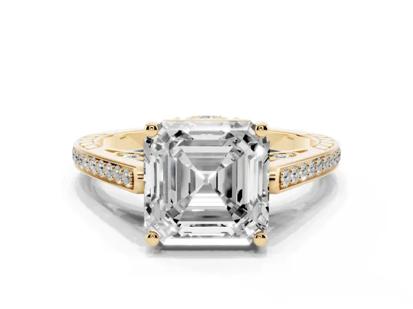 Asscher Cut Cut Cathedral Pave Diamond Engagement Ring with Six-Prong Setting Yellow gold