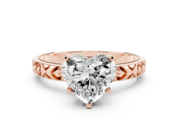 Heart Cut Solitaire Diamond Engagement Ring with XO Engraved Band and Four-Prong Setting Rose gold