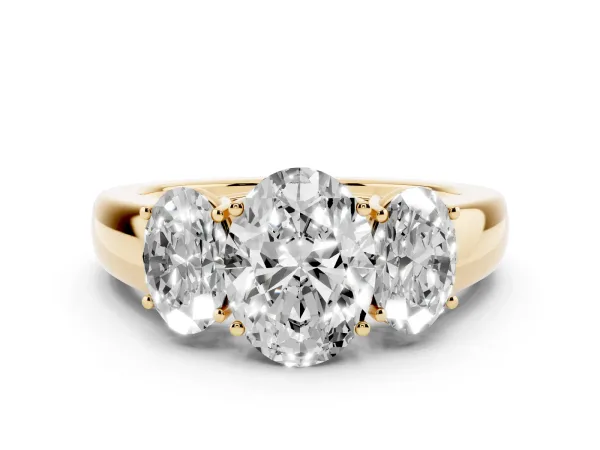 Three-Stone Oval Cut Cut Diamond Ring with Prong Setting and Classic Band Yellow gold