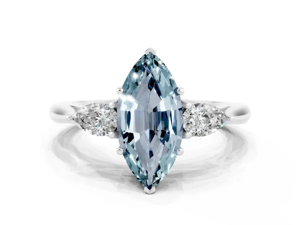 Marquise Cut Aquamarine Three-Stone Ring with Pear Side Stones and Prong Setting White gold