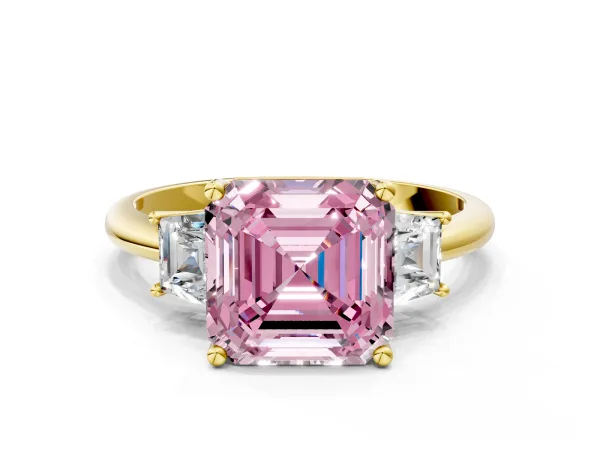 Fancy Pink Asscher Cut Diamond Three-Stone Ring with Trapezoid Side Stones and Prong Setting Yellow gold