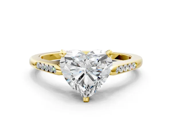 Heart Cut Diamond Solitaire Ring with Channel Set Round Band and Prong Setting Yellow gold