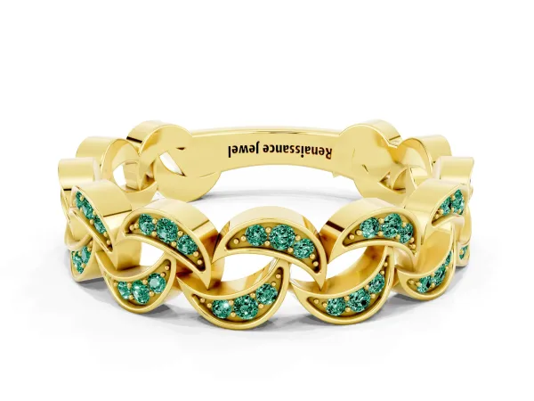 Pavé Round Green Sapphire Interlocking Eternity Band with Bezel Prong Setting Yellow gold