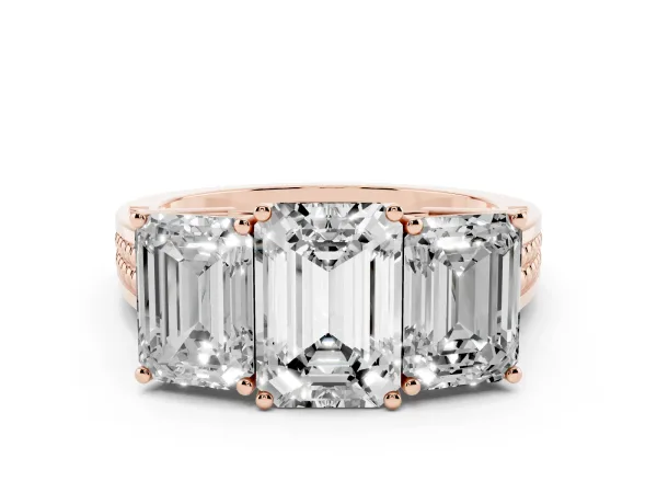 Emerald Cut Diamond Three-Stone Ring with Prong Setting and Textured Band Rose gold