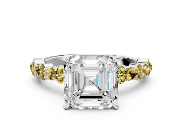 Asscher Cut Diamond Side Stone Solitaire Ring with Round Yellow Sapphire and Four-Prong Setting Platinum