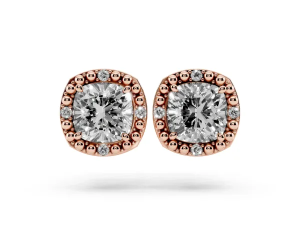 Cushion Diamond Beaded Halo Stud Earrings Rose gold