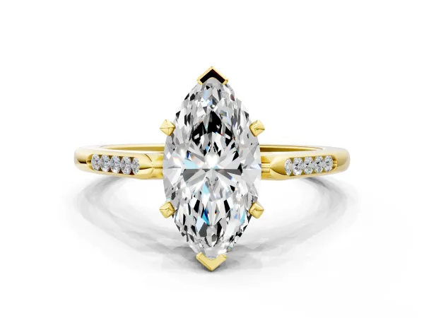 Marquise Cut Diamond Solitaire Ring with Channel Set Round Band and Prong Setting Yellow gold