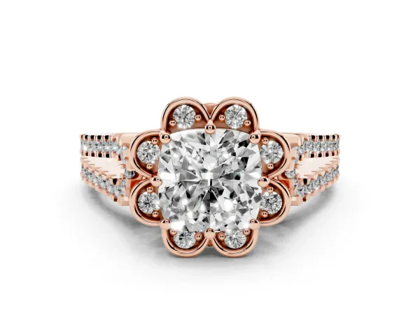 Cushion Cut Halo Diamond Floral Split Shank Engagement Ring Rose gold