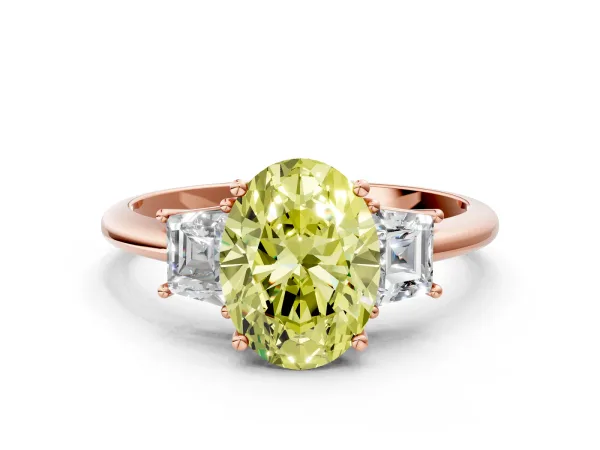 Fancy Yellow Oval Cut Diamond Three-Stone Ring with Trapezoid Side Stones and Prong Setting Rose gold