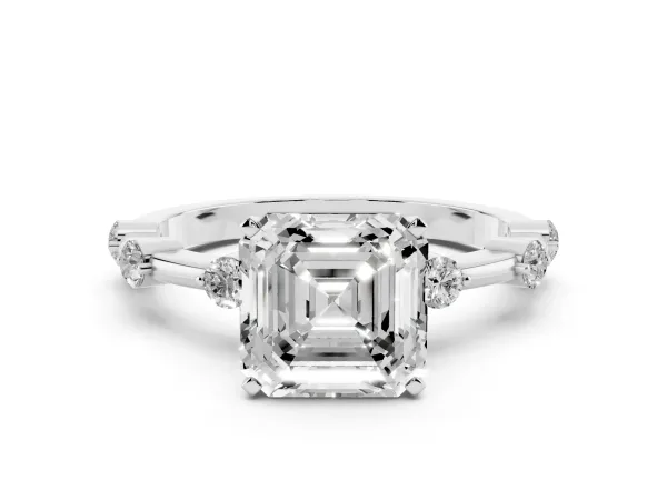 Asscher Cut Solitaire Diamond Ring with Bezel Set Side Stones and Prong Setting White gold