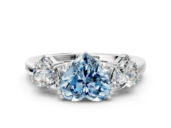 Fancy Blue Three-Stone Heart Cut Cut Diamond Ring with Channel Set Band and Four-Prong Setting Platinum